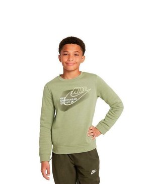 Sudadera verde con un logotipo de Nike blanco y texto en la parte frontal. Cuello redondo, mangas largas, tejido suave. Llevada con pantalones oscuros a juego.