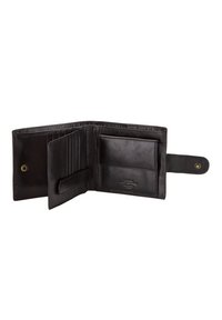 Black leather wallet with multiple card slots, a large compartment, and a button closure. Features a smooth texture and subtle branding.