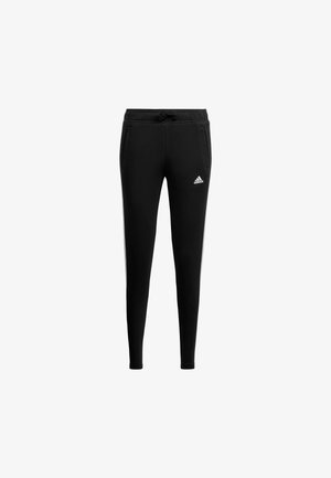 Pantalones deportivos negros de corte ajustado, fabricados con material suave, con bolsillos laterales y un logo blanco en la parte superior de la pierna izquierda.