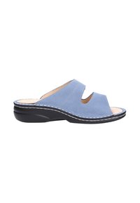 Blue leather slide sandal with two cut-out straps, open toe, and a black rubber outsole. Contains contrast stitching along the edge.