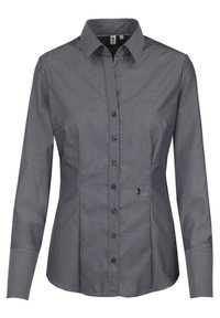 Grå långärmad skjorta med knappfram, klassisk krage och ett broderat blommotiv på vänster sida. Slät tygtextur.
