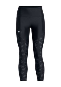 Leggings negros con una textura suave, que presentan un panel estampado en la parte inferior de las piernas y una cintura alta; logo de Under Armour en el costado.