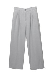 Helle graue, weit geschnittene Hose aus strukturiertem Stoff; mit Falten an der Vorderseite und einem einzigen Knopfverschluss am Bund.