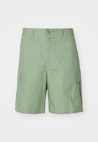 Green cargo shorts made of lightweight fabric, featuring two side pockets, a button closure, and a relaxed fit with a smooth texture.