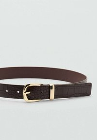 Brown faux crocodile leather belt with a gold metal buckle. Features textured surface and five holes for adjustable fitting.