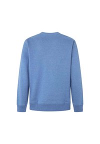 Sudadera azul hecha de tela suave, con cuello redondo, puños y dobladillo acanalados, con una textura lisa y elementos de diseño mínimos.