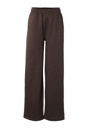 Pantalon de survêtement marron à coupe ample avec ceinture élastique et logo discret sur le côté, sur fond blanc uni.