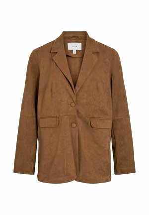 Blazer en suède marron avec des revers à cran, deux poches à rabat à l'avant et deux boutons sur le devant, présenté sur un fond blanc.