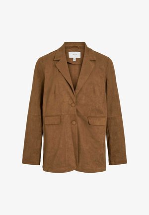 Pruun sametjakki, millel on nurgalapid, kaks esist kantavat taskut ja kaks nööpi ees, esitatud valge tausta ees.