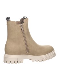 Bottine beige en cuir lisse, avec une fermeture éclair sur le côté, un bout arrondi et une semelle en caoutchouc blanche épaisse avec des rainures de traction.