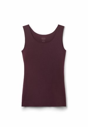 Burgundowa bezrękawnik z okrągłym dekoltem i gładkiego, elastycznego materiału. Posiada metkę z tyłu, wewnątrz dekoltu.