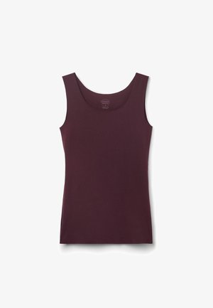 Burgundowa bezrękawnik z okrągłym dekoltem i gładkiego, elastycznego materiału. Posiada metkę z tyłu, wewnątrz dekoltu.