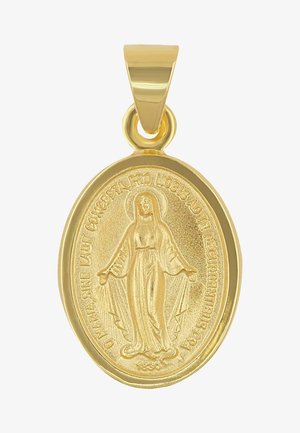 Goldener ovaler Anhänger mit einem detaillierten Abbild einer Figur mit ausgestreckten Armen, umgeben von einem Heiligenschein und dekorativem Randtext.