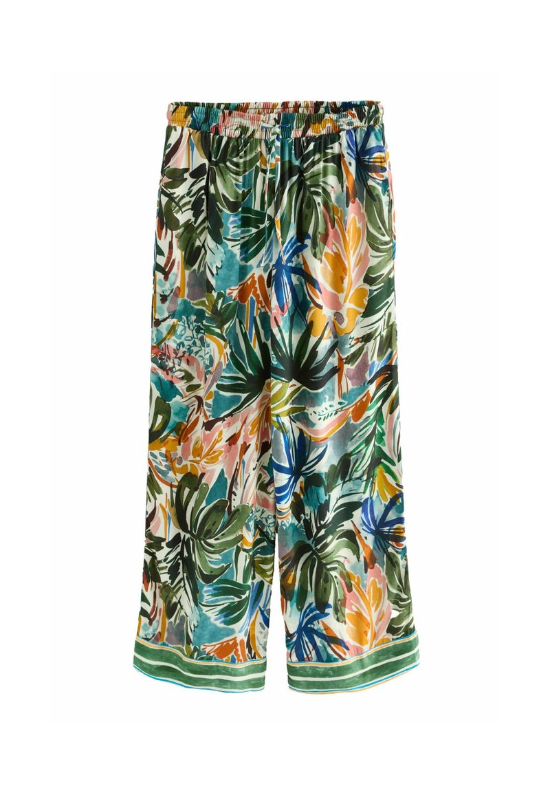 Pantalons larges imprimés floraux avec un motif de feuilles vif en vert, jaune, orange et bleu, dotés d'une taille élastique et d'un ourlet contrastant.