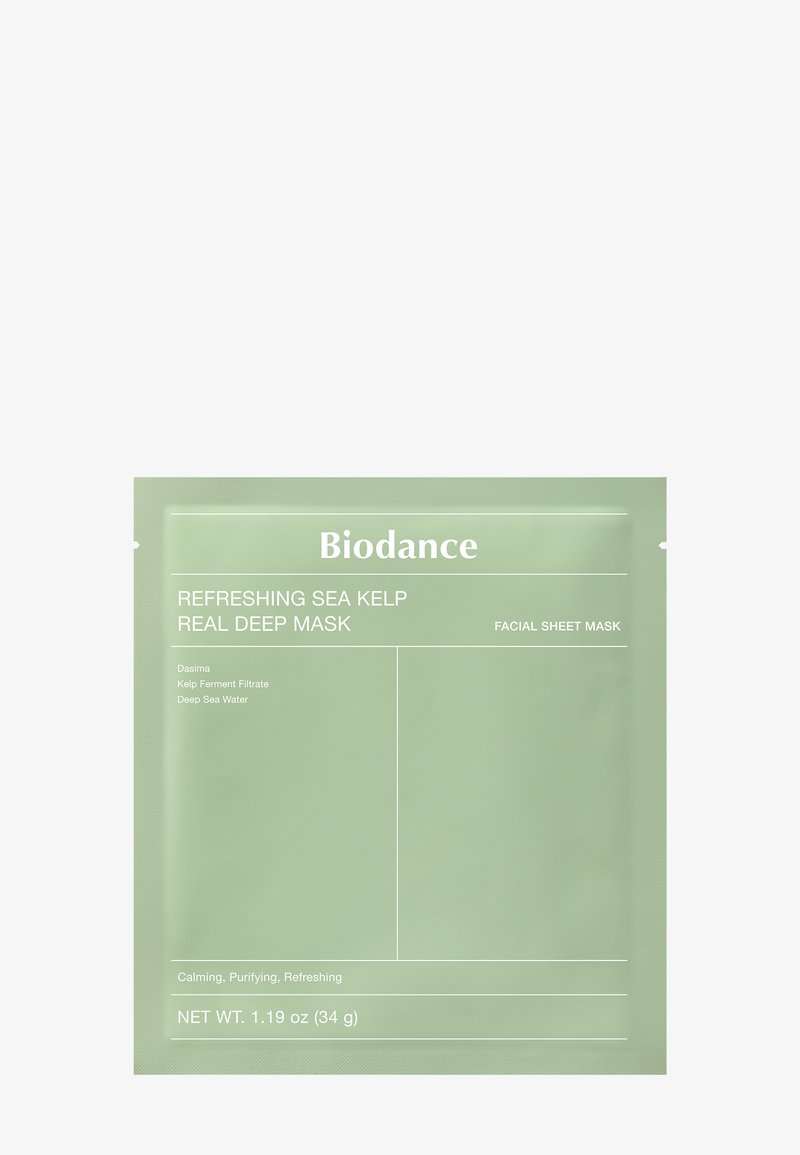 Opakowanie maseczki na twarz Biodance z odświeżającą algą morską w jasnym zielonym kolorze, z białym teksą, kodem kreskowym i szczegółami produktu. Waga: 33 g.