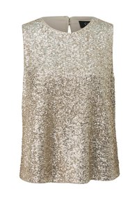 Bezramkowy złoty top pokryty cekinami z okrągłym dekoltem i zapięciem na guziki z tyłu, zaprojektowany na formalne lub świąteczne okazje.