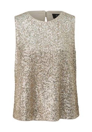 Mouwloze top bedekt met gouden pailletten, met ronde hals en knoopsluiting op de rug, ontworpen voor formele of feestelijke gelegenheden.