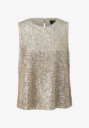 Mouwloze top bedekt met gouden pailletten, met ronde hals en knoopsluiting op de rug, ontworpen voor formele of feestelijke gelegenheden.