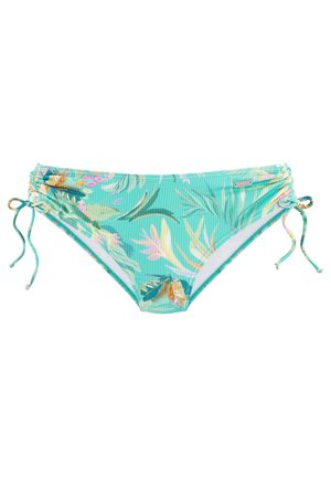 Turquoise bikini bottom with tropical floral patterns, adjustable side ties, and textured fabric. Lined interior for comfort.
