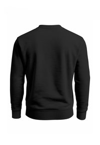 Black sweatshirt featuring long sleeves, a round neckline, and ribbed cuffs and hem. Made from a smooth, textured fabric.