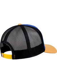 Căciulă de tip trucker din plasă neagră, cu partea din față din material albastru și vizor galben. Dispune de o curea ajustabilă din plastic la spate.