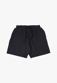 Schwarze Baumwollshorts mit einem elastischen Bund und Kordelzug. Sie haben ein strukturiertes Muster und ein kleines Markenlogo am linken Bein.