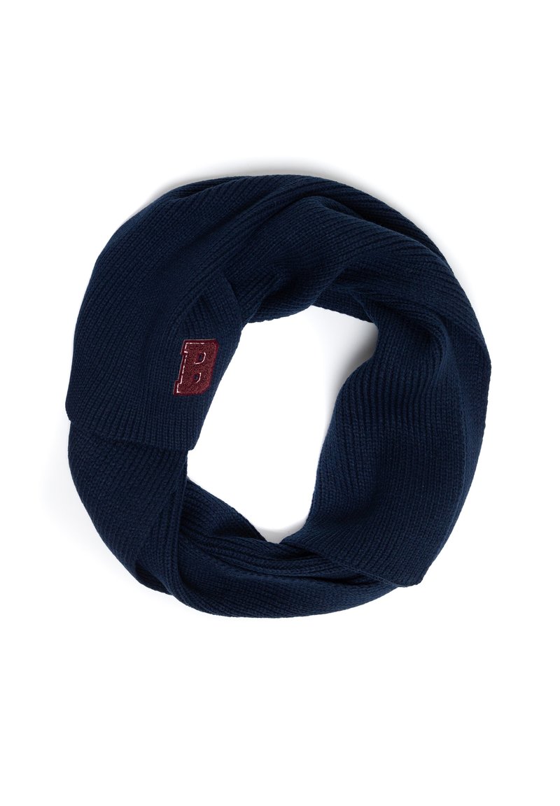 Jūras spēku zīmuļu adīta bezgalības šalle ar ribotu tekstūru, kurā ir neliels bordo krāsas logo uzlīme. Mīksts materiāls, nepārtraukta loka dizains.