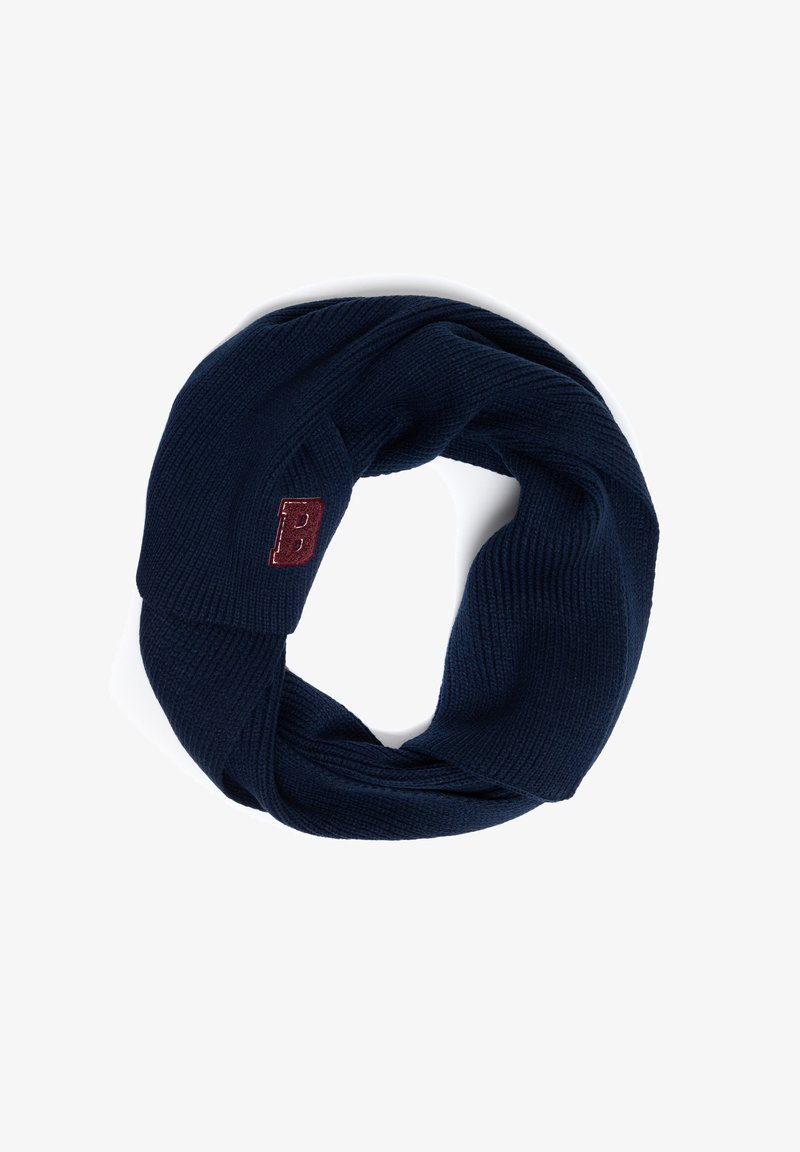 Jūras spēku zīmuļu adīta bezgalības šalle ar ribotu tekstūru, kurā ir neliels bordo krāsas logo uzlīme. Mīksts materiāls, nepārtraukta loka dizains.