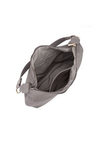 Borsa a mano in pelle grigia con chiusura a zip, interni spaziosi e una sola tracolla. Caratterizzata da un design semplice e da una texture liscia.
