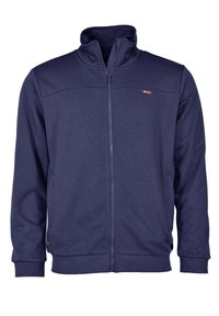 Granatowa kurtka rozpinana wykonana z miękkiego materiału, z wysokim kołnierzem. Posiada boczne kieszenie oraz małe logo w pobliżu zamka błyskawicznego. Gładka tekstura.