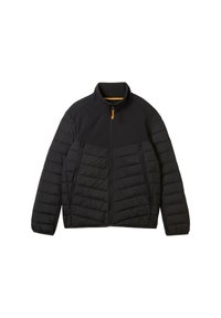 Czarna kurtka puchowa z wysokim kołnierzem, zapinana na zamek z przodu, z dwiema kieszeniami zapinanymi na zamek oraz teksturowanym wzorem w dolnej części. Górna część gładka.