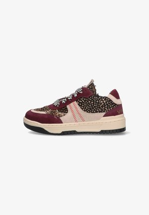 Lace-up sneaker with a mix of burgundy suede and animal print fabric. Features black and white patterned laces and a textured rubber sole.