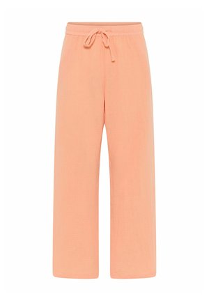 Pantaloni piersici, cu picioare largi și croială lejeră, cu talie elastică și șnur în față. Confectionați dintr-un material ușor, texturat.