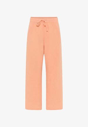 Breskevaste široke hlače s sproščenim krojem, elastičnim pasom in sprednjim vrvico. Narejene iz lahkega, teksturiranega materiala.