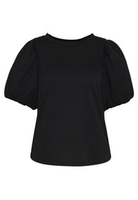 Top nero a maniche corte con scollatura rotonda e maniche a palloncino, realizzato in tessuto strutturato con vestibilità ampia e orlo curvo.