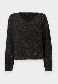Maglione nero a scollo a V con una vestibilità ampia, caratterizzato da un tessuto lavorato a maglia con riflessi argentati per aggiungere brillantezza. Maniche lunghe con polsini a costine.