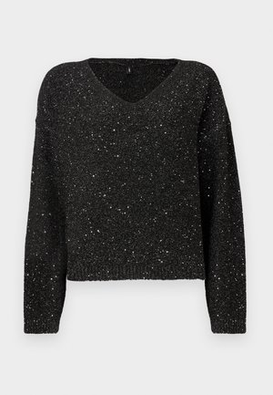 Cardigan preto em V, com um ajuste solto, apresentando um tricot texturizado com fleques prateados para um toque adicional de brilho. Mangas longas com punhos canelados.