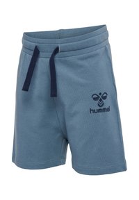 Ljust blå shorts i bomullsblandat tyg, med elastisk midja och marinblå dragsko. Inkluderar en mörkblå logotyp på framsidan.