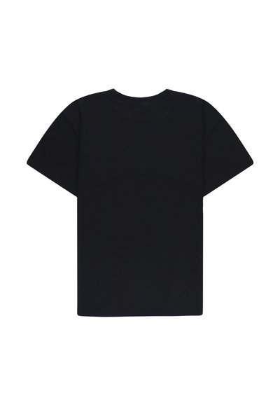 T-shirt nera in cotone con maniche corte, colletto rotondo e schiena semplice. Senza loghi, motivi o dettagli visibili. Design semplice e privo di ornamenti.