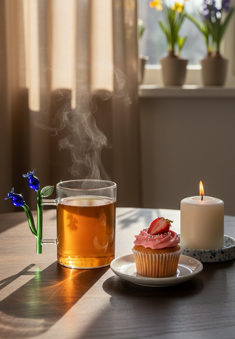 Parująca herbata w przezroczystej szklance z niebieskim uchwytem w kształcie kwiatu, babeczka z truskawką na białym talerzu oraz zapalona biała świeca na stole przy oknie.