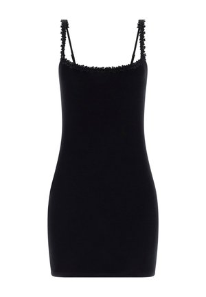 Zwarte mouwloze bodycon-jurk met bloemenkantafwerking op de vierkante halslijn en dunne bandjes.