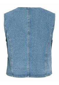 Jeans prsluk svijetloplave boje s okruglim izrezom, bez rukava i okomitim šavovima na leđima. Glatka tekstura i ležeran stil.