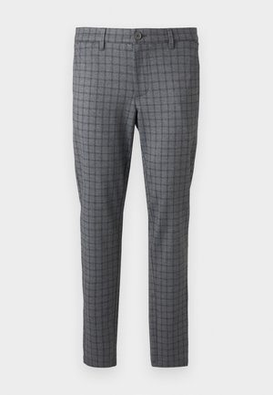 Pantalons à carreaux gris avec un motif à fines cases, fabriqués à partir d'un tissu lisse. Dotés d'une fermeture à bouton et d'une coupe ajustée.