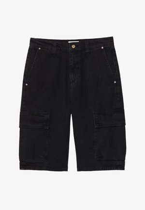 Čierne cargo šortky z denimu, s dvoma bočnými vreckami a dvoma vreckami na klopách na nohách, s gombíkovým zapínaním a pútky na opasok.