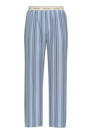 Pantalon de pyjama bleu clair avec des rayures verticales blanches et noires, taille élastique beige avec logo Calvin Klein répété.