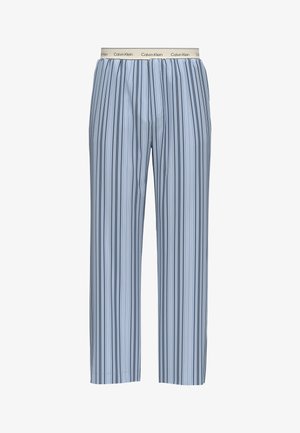 Jasnoniebieskie spodnie od piżamy z pionowymi białymi i czarnymi paskami, elastyczna beżowa talia z powtarzającym się logo Calvin Klein.