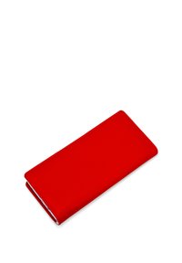 Red leather wallet with a rectangular shape, smooth texture, and visible stitching. Clean design with no embellishments or hardware.