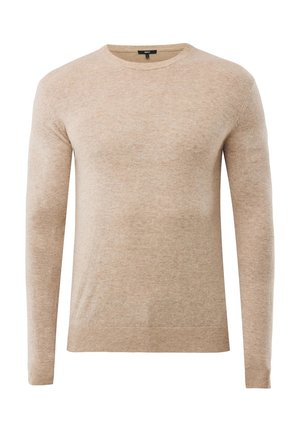 Lichtbruine long-sleeve trui van een zachte brei stof. Heeft een ronde halslijn en ribgebreide manchetten en zoom. Minimalistisch ontwerp.