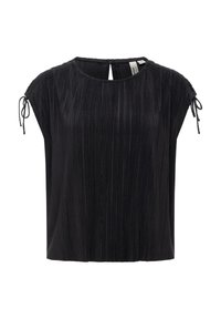 Blusa nera a maniche corte con pieghe, scollo rotondo, piccola chiusura con bottone posteriore e coulisse su entrambe le maniche.