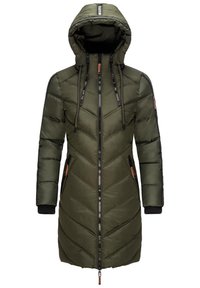Olive green puffer coat with a chevron pattern, zip front, adjustable hood, and side pockets. Features ribbed cuffs and accent stitching.